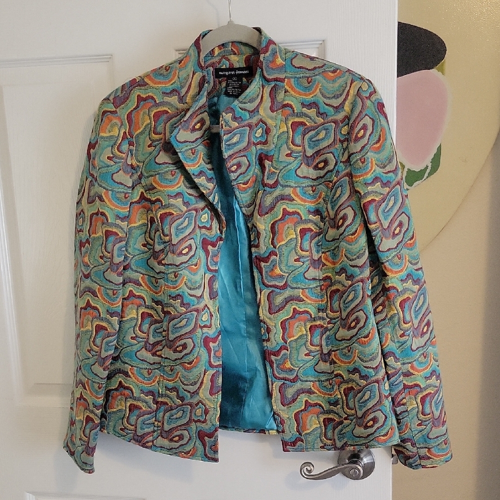 Margaret Frances Sz10 open front taylored Colorfully lined Patterned Blazer